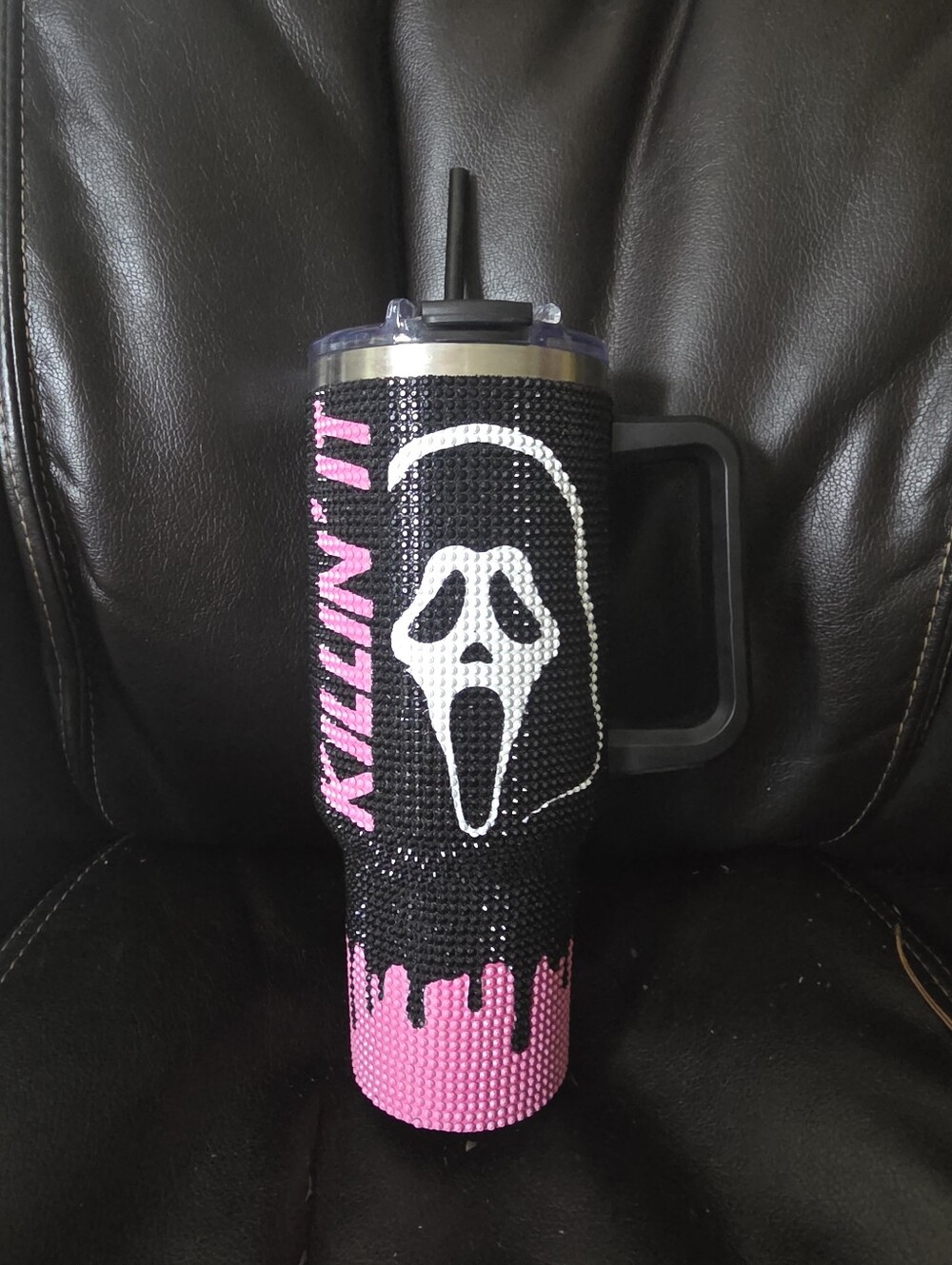 Ghost Face KILLIN’ IT Rhinstone Tumbler 40 oz Pink Black Bedazzled Spencer’s
